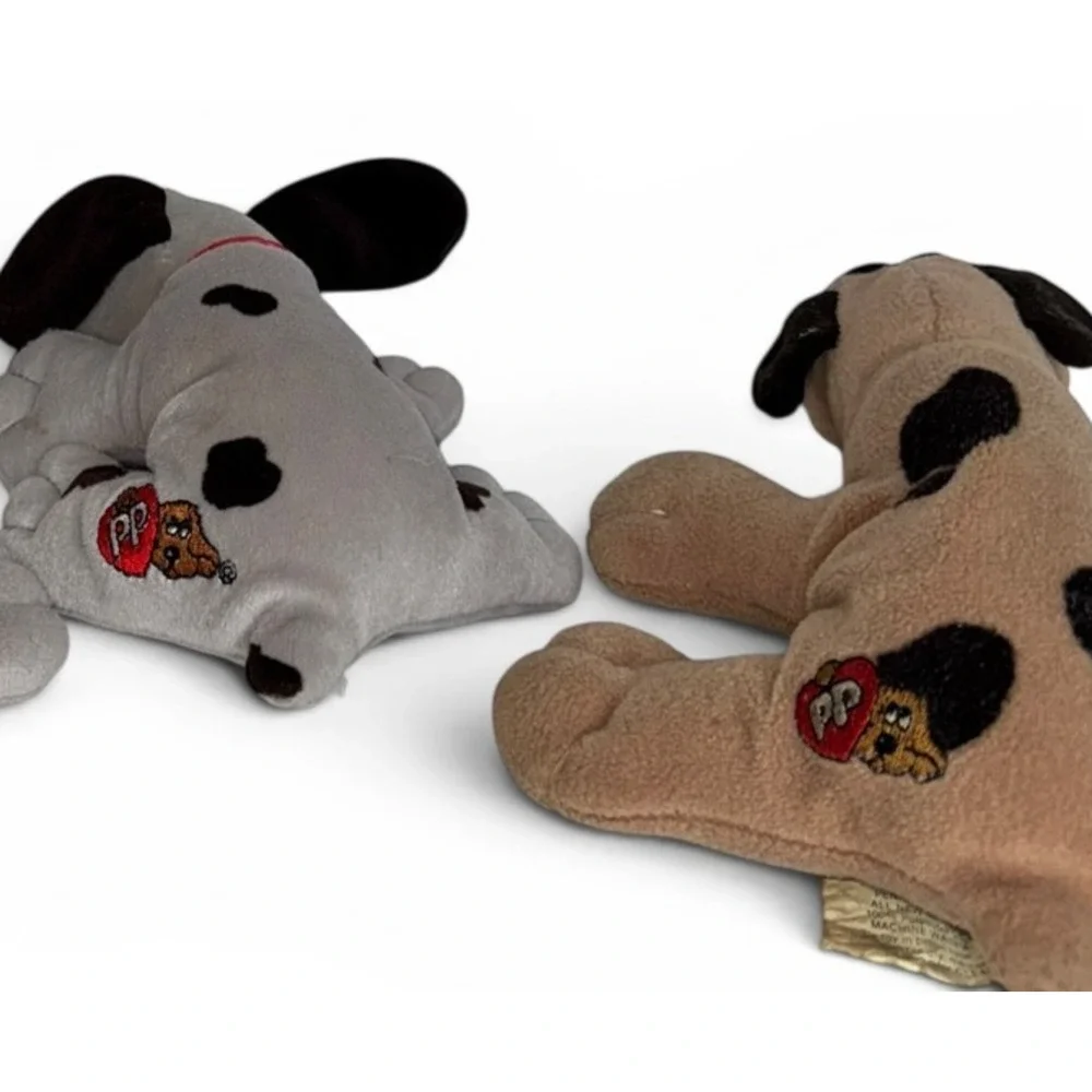 Vintage Tonka Pound Puppies Newborn Lot 2 Gray Brown Plush Dogs Red Collar 8